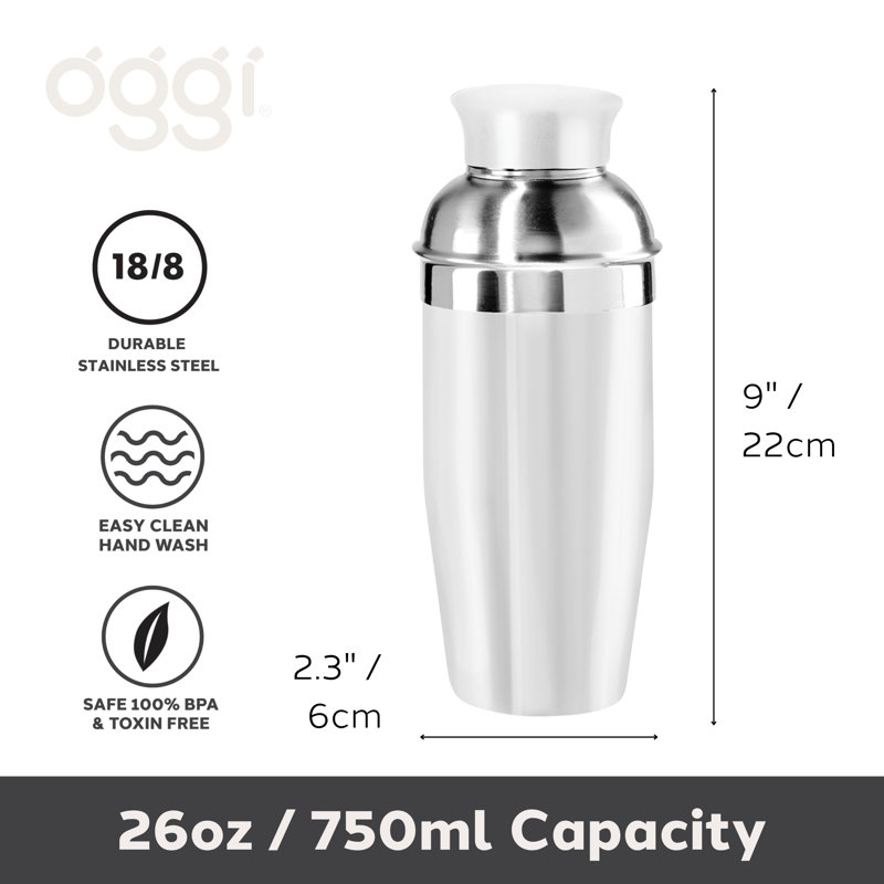 OGGI Classic Cocktail Shaker White Stainless - 26 oz, Stainless Steel Construction, Built in Strainer - Ideal Home Bar Drink Mixer, Bartender Kit, Essential Bar Accessories