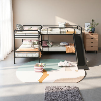 Lit simple superposé en forme de L avec glissade et échelle