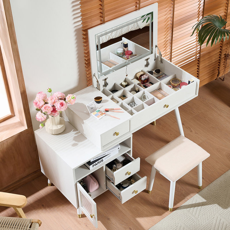 3-in-1 Makeup Dressing Table with Stool, White