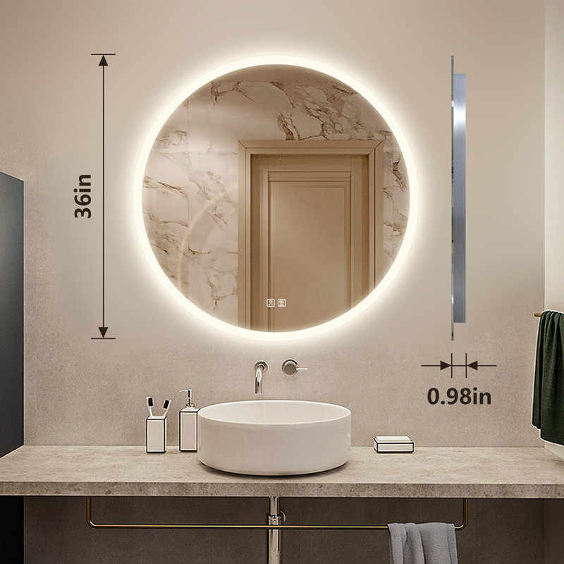 Miroir rond de salle de bain / meuble-lavabo à économie d'énergie avec DEL argentée sans cuivre Naliyah, 36 po x 36 po