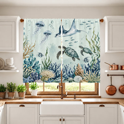 2Pcs Ocean Life Curtains, Light Filtering Fabric, Watercolor Sea Turtles, Jellyfish, Rays, Coral Reef Print, Sunshade and Privacy Protection, Rod-Pocket Design, Suitable for Living Room, Bedroom, Balcony, Kitchen Home Decoration