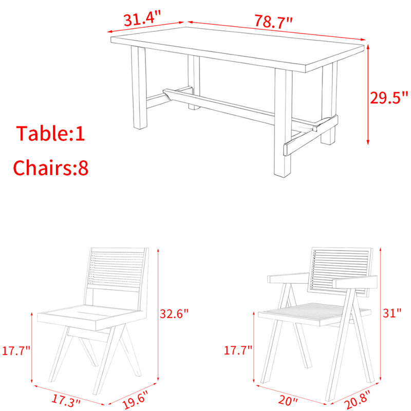 Nordic Style All-Solid Wood Rectangular Dining Table Set, 29.5" H x 31.4" W x 78.7" D