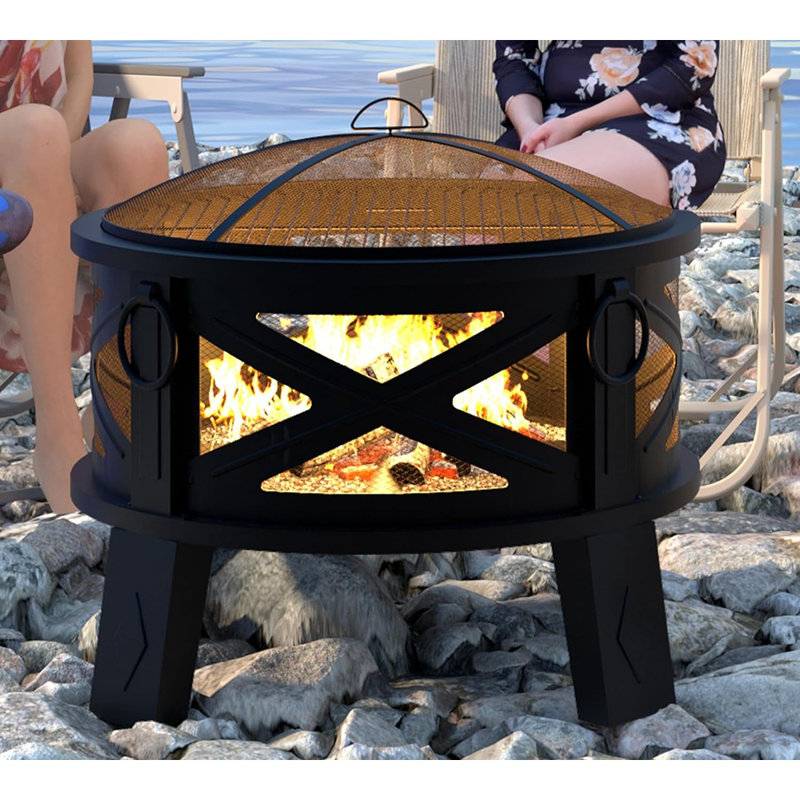 Foyer en acier 26 po avec grille de barbecue et pare-étincelles, technologie de circulation d'air à 360 °, foyer d'extérieur portatif à faible fumée pour la cour et le camping