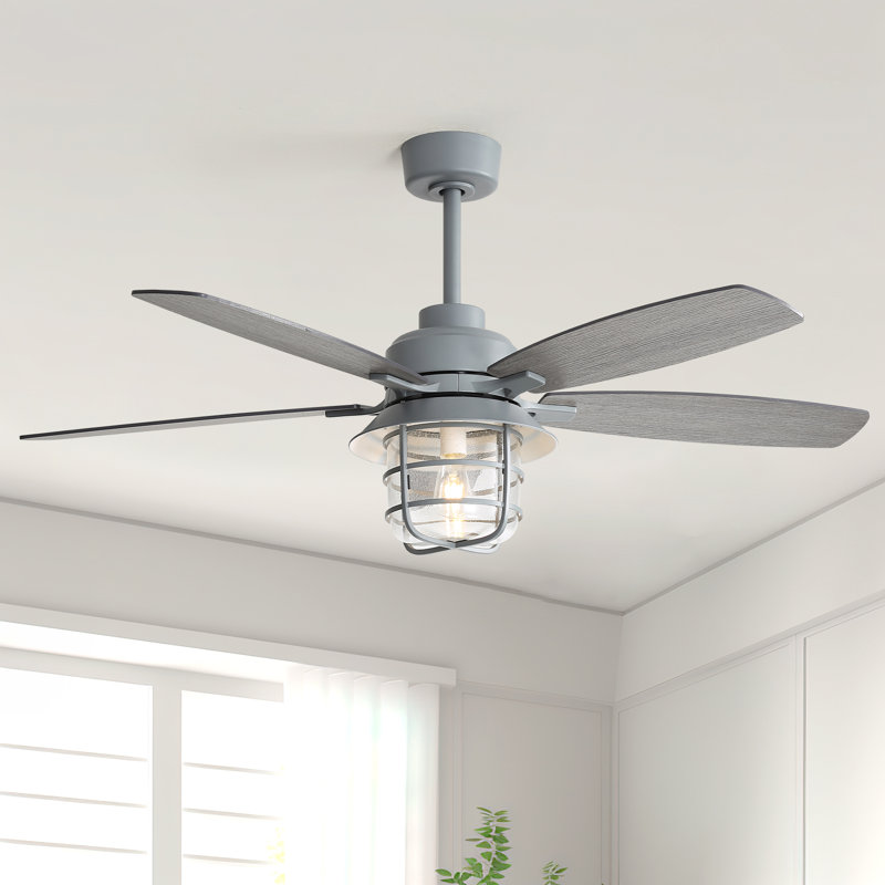 Ventilateur de plafond 52 po avec tige en ciment et lumière en verre artisanal et moteur à courant continu silencieux
