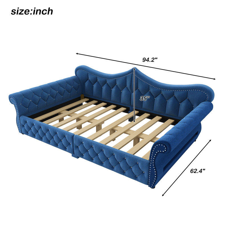Queen Size Upholstered Daybed with LED Lights and Nailhead Trim – Sofa Bed for Living Room, Blue, Blue