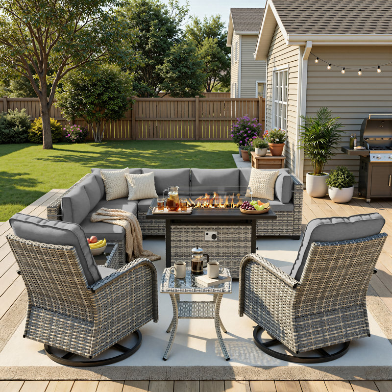 11-Piece Outdoor Patio Conversation Set With Propane Fire Pit Table, 7-Piece Wicker Sectional Sofa & Coffee Table, 2 Swivel Rocking Chairs & Side Table