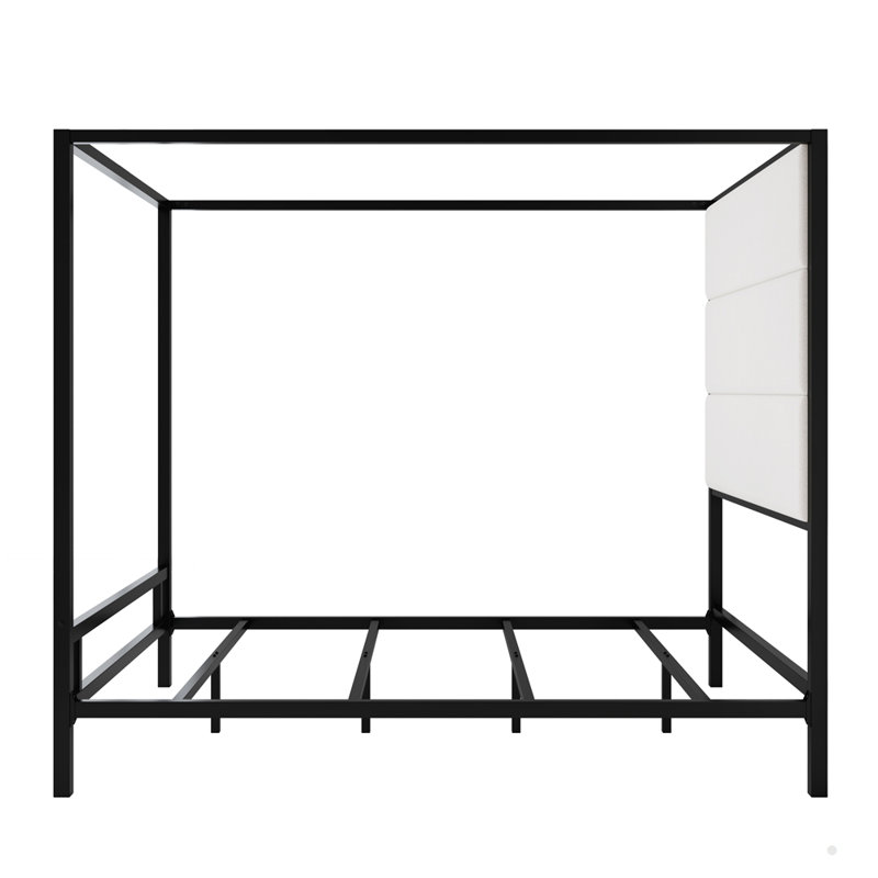  Modern Canopy Bed with 76.5" Tall Velvet Fabric Upholstered Headboard Metal 4-Poster Bed Frame, Box Spring Needed, Black