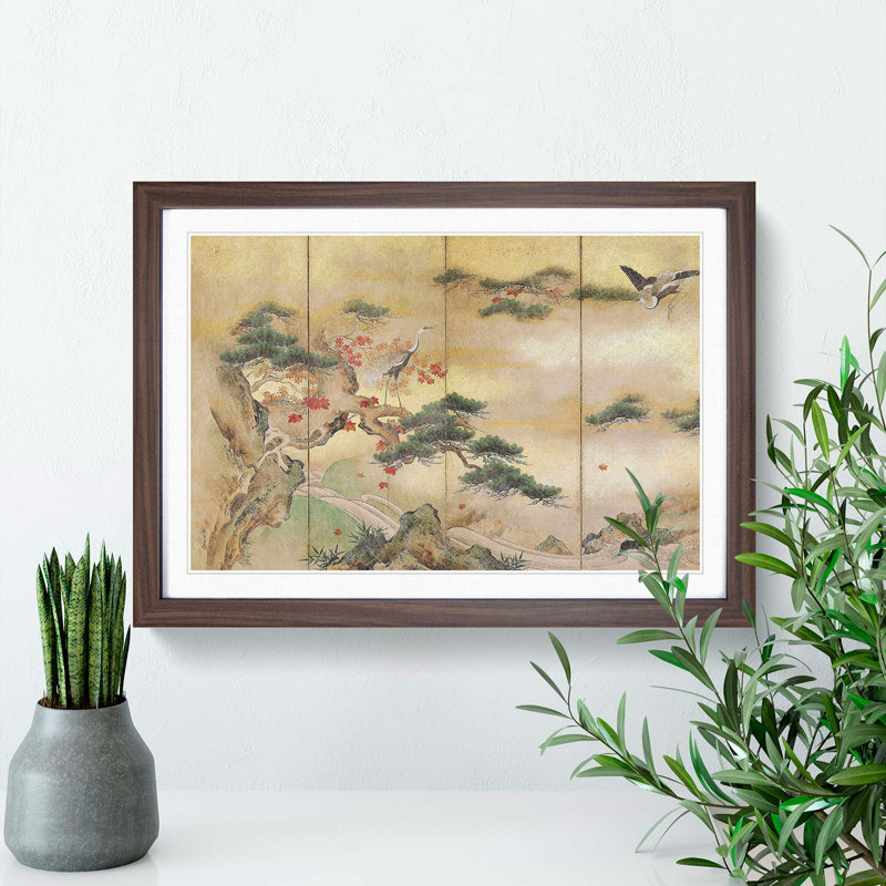 The Cranes Beside a Lake by Hashimoto Gaho - Picture Frame Painting Print on MDF, 36cm H x 48cm W x 2cm D, Walnut Framed