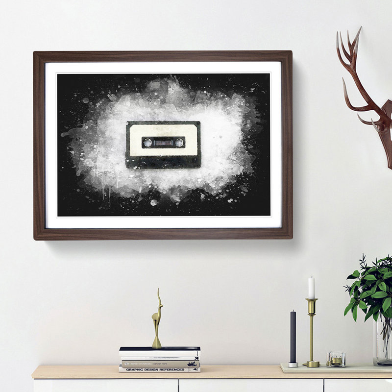 Retro Style Cassette Tape - Picture Frame Graphic Art, 45cm H x 63cm W x 2cm D, Walnut Framed
