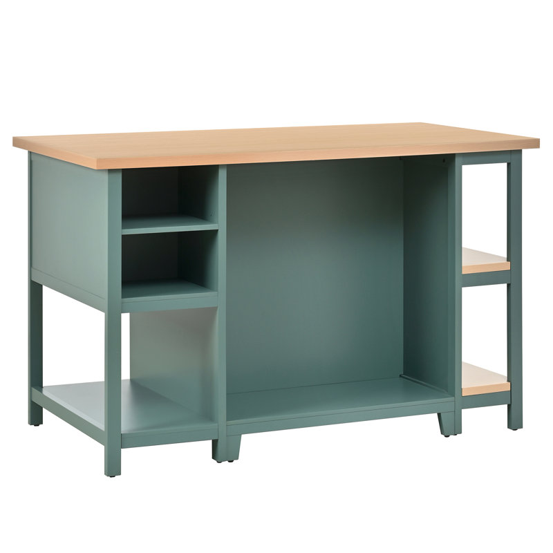 Îlot de cuisine autoportant moderne de 58 po avec tiroirs de rangement, armoires et tablettes ouvertes Mavrix, Green/Natural