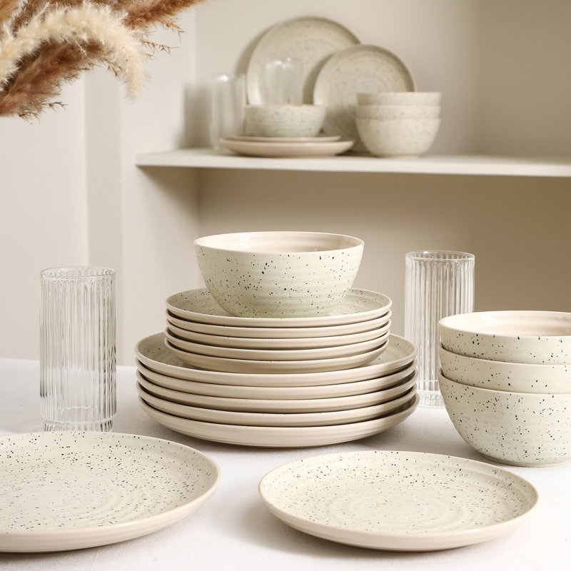Stone Lain Dua 32-Piece Dinnerware Set Stoneware, Borosilicate Glass, White