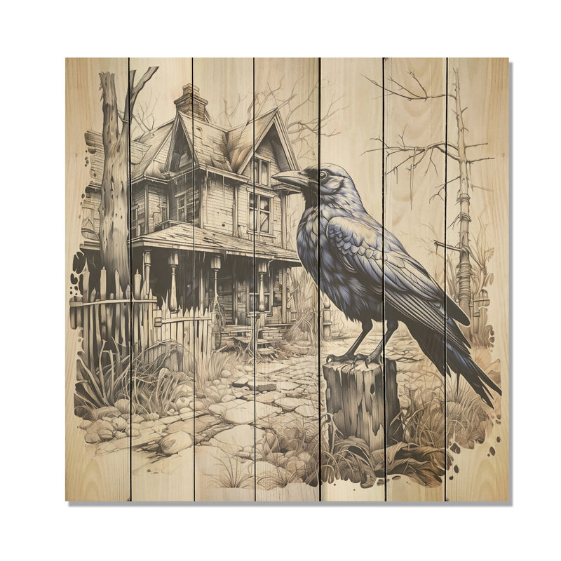 Victorian Haunted Raven Courtyard II - animal corbeau sur bois, H 15 po x l 15 po