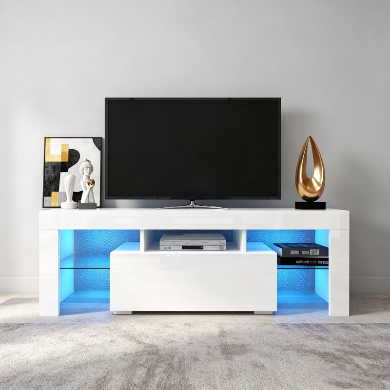Antwann Modern LED TV Stand for 70" TVs, Wood Entertainment Center with 2 Cabinets, Quick Assembly, White 1