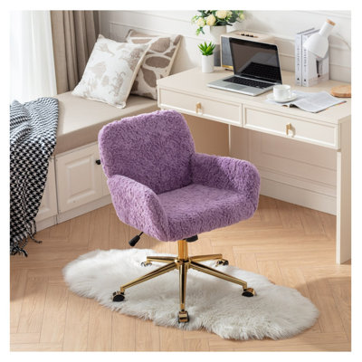  Fauteuil de bureau, fauteuil de bureau en poils de lapin artificiel avec base en métal doré, fauteuil de bureau pivotant réglable, fauteuil de coiffeuse, violet
