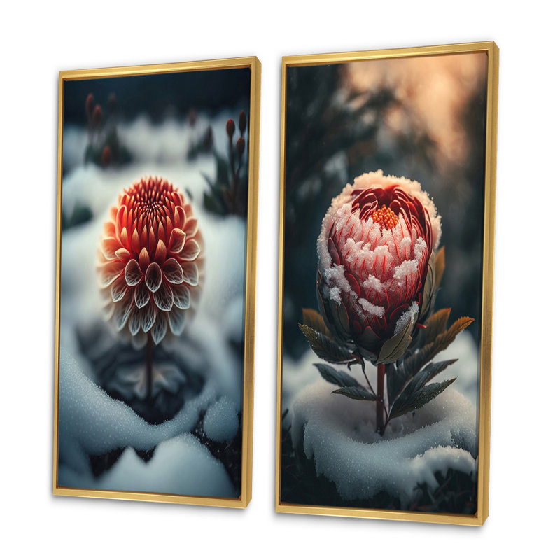 «A Blooming Red Dahlia Flower In Winter», 2 pièces sur toile, Encadrement doré, H 32 po x l 32 po