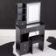 Petit meuble-lavabo de 29,2 po avec tiroir à gauche, tabouret rembourré, grande commande tactile, interrupteur tricolore, miroir à luminosité réglable, rangement grande capacité, convient aux petits espaces