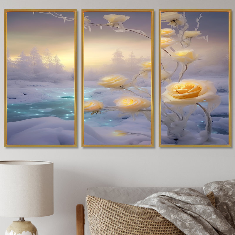 Ensemble d'art mural Middleborough - Roses, Cadre flottant doré, H 32 po x l 48 po x P 1 po
