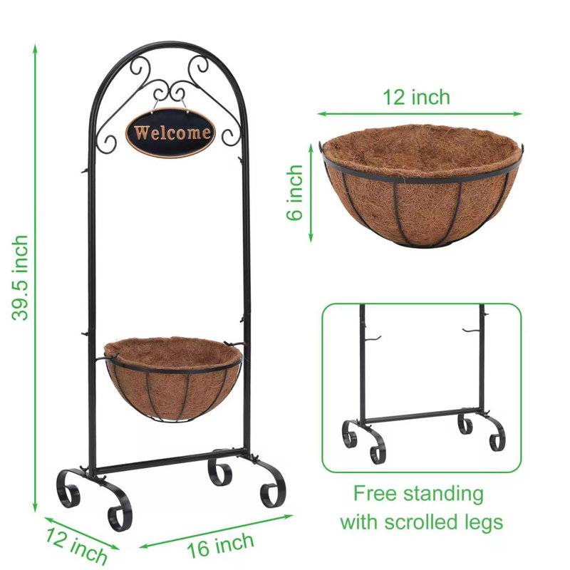 39.5” Metal Welcome Planter Basket Stand With Coco Liner – Hanging Planter With Decorative Welcome Sign For Outdoor Garden, Patio, Deck, And Porch