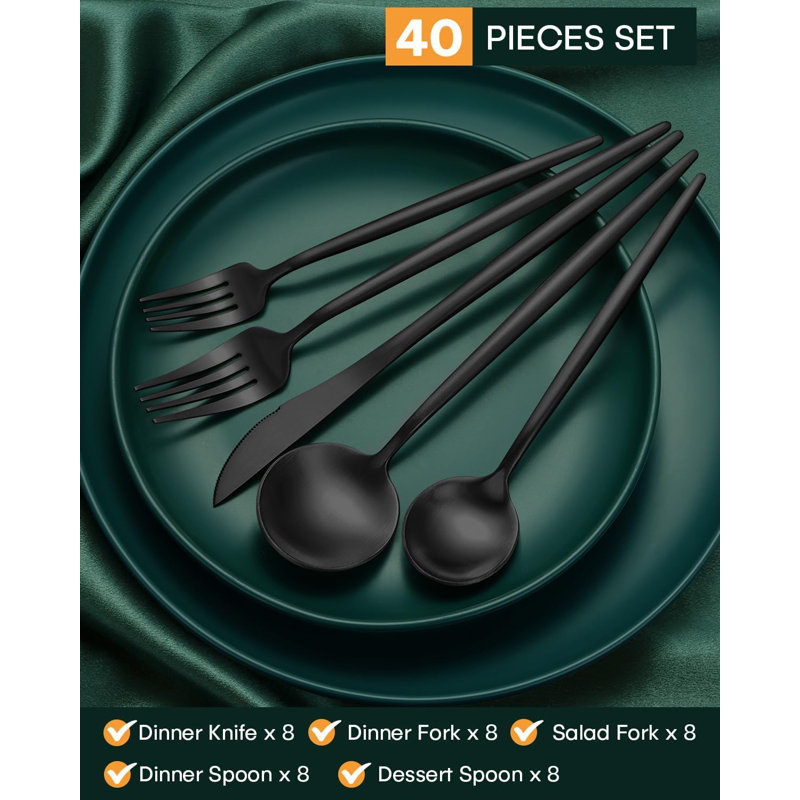 40 Pieces Modern Matte Silverware Set, Black