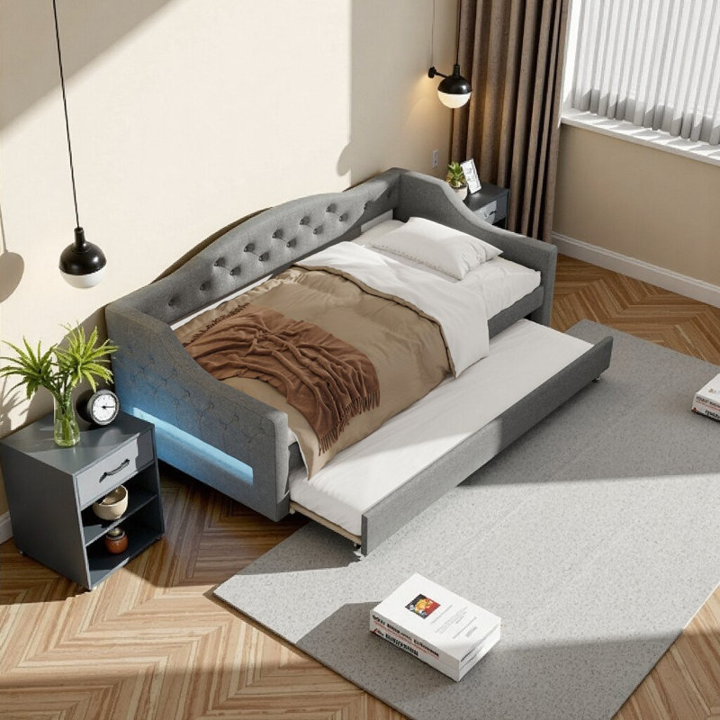 Upholstered Twin XL LED Daybed with Storage Drawers - Modern Gray Linen Fabric & Solid Wood Frame, Gray, Twin