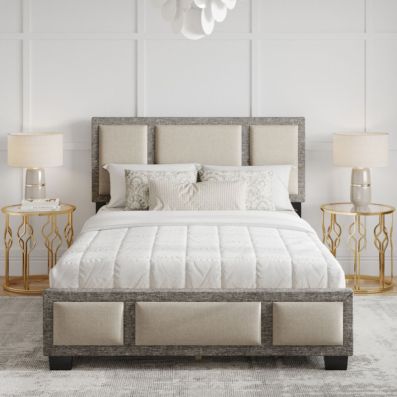 Triiptych Linen Upholstered Platform Bed Frame, Adjustable Height Headboard, No box Spring Required, Queen, White/Gray