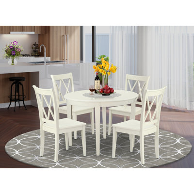 L'ensemble de table de salle à manger 3 pièces comprend une table ronde en bois et 2 chaises de cuisine en tissu de lin, 42 x 42 pouces, blanc lin