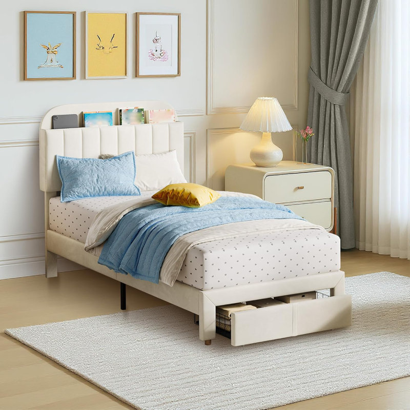 Twin Platform Bed with Velvet Upholstered Bookcase Headboard, Heavy Duty Steel Frame , White, White