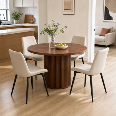 5-Piece Round Walnut Dining Table Set with Hidden Storage Pedestal