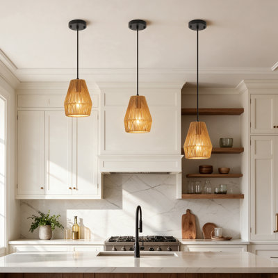 3-Pack Woven Pendant Lights with Natural Hemp Rope Shades, Adjustable Height, E26 Base, Boho Hanging Lights for Kitchen Island