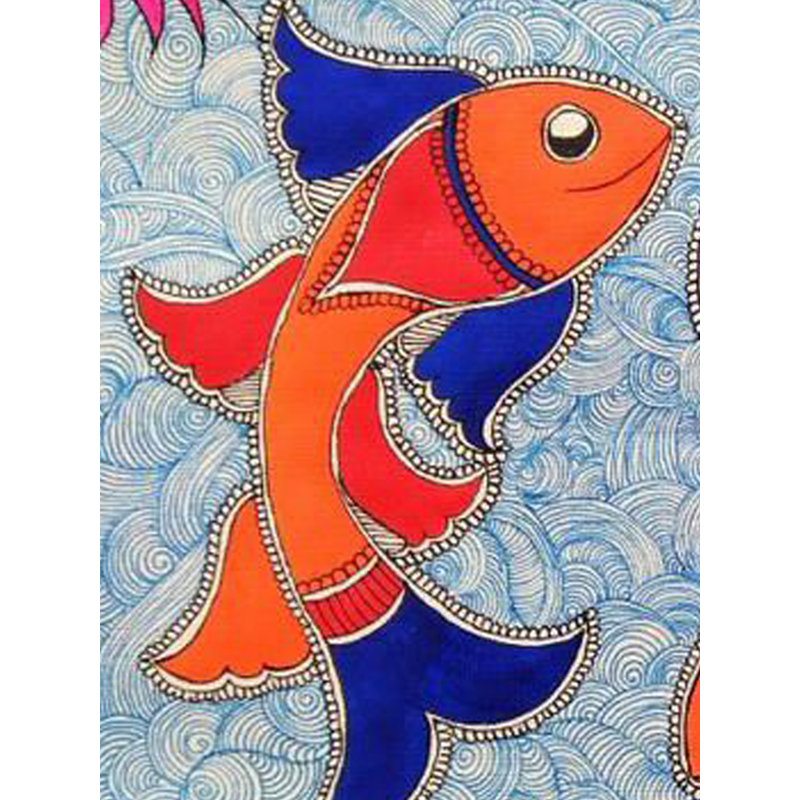 Deux poissons Madhubani, peinture | Acrylique sur papier fait à la main | Avec cadre | Par Mrunamayee Chandurkar Bakal