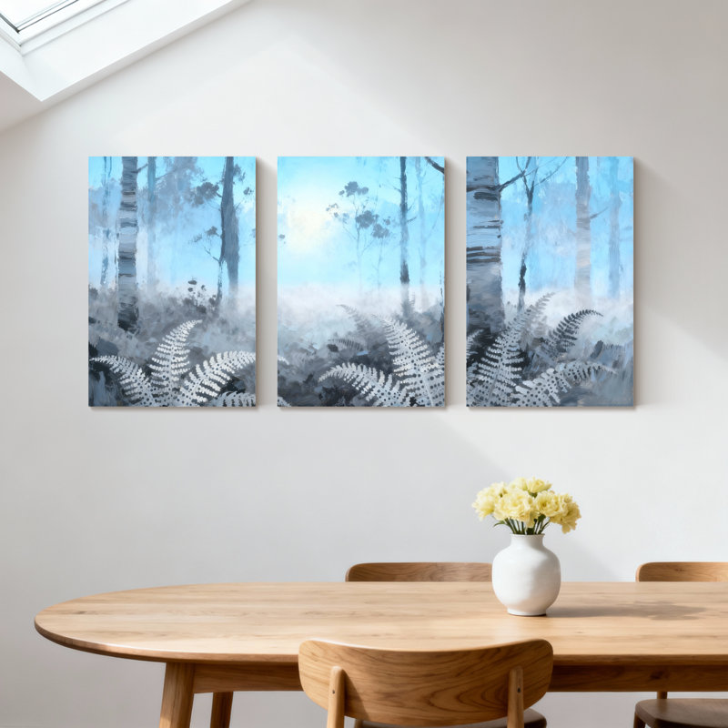 Forêt d'hiver, fougères bleues, brumeux, H 24 po x l 48 po