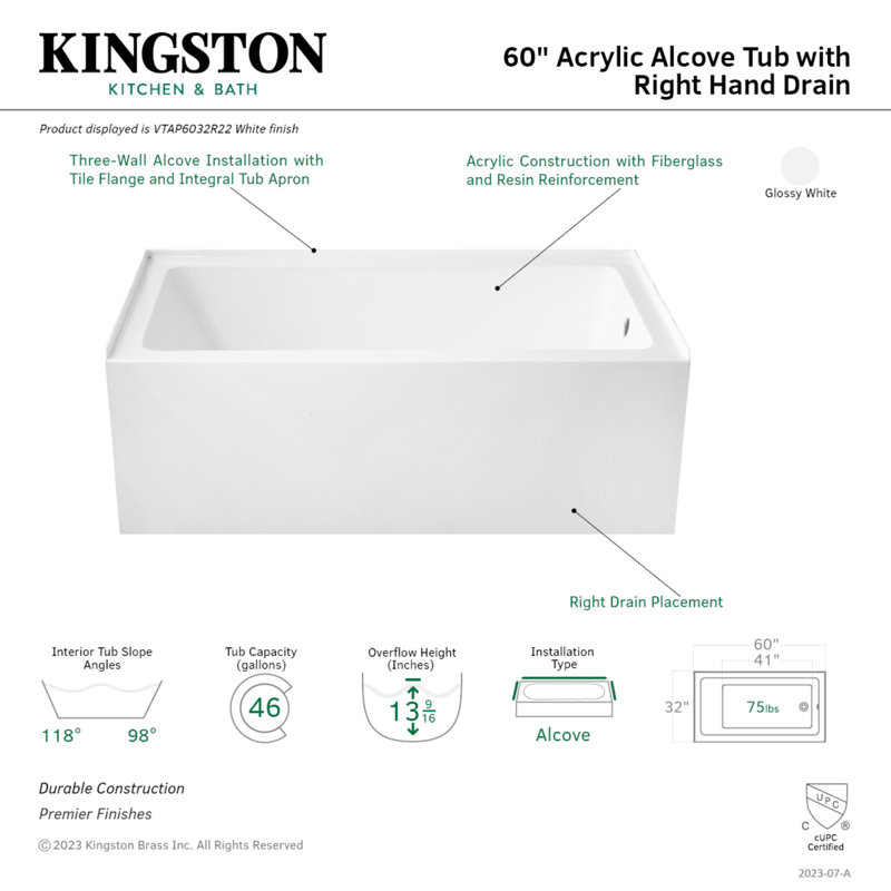 Kingston Brass Aqua Eden 60-Inch Acrylic Rectangular 3-Wall Alcove Tub, Hand Drain Hole, Right