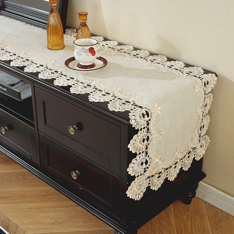 Beige Linen Blend Table Runner with Embroidery lace Border, 35" L x 16" W