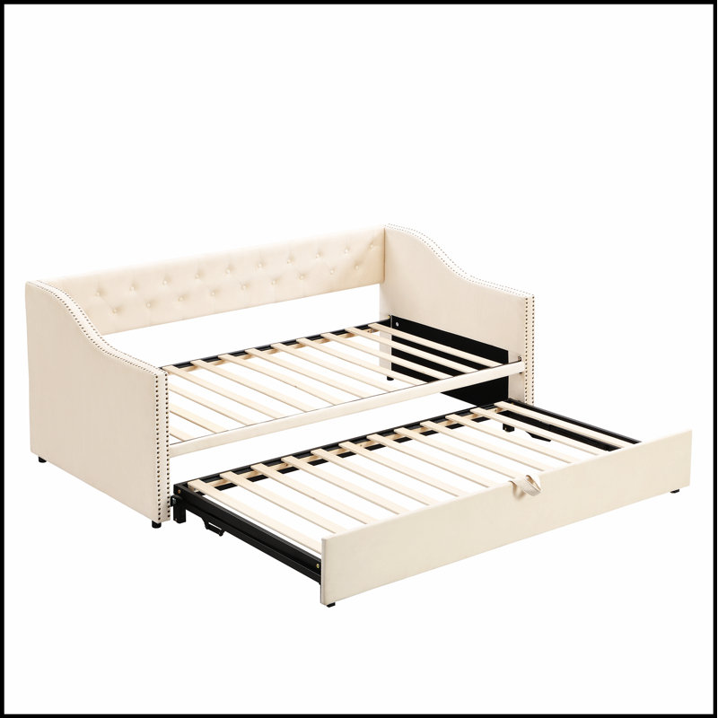 Upholstered Daybed with Pop Up Trundle, Velvet Finish, Twin-to-Design for Versatile and Comfortable Sleeping, Beige