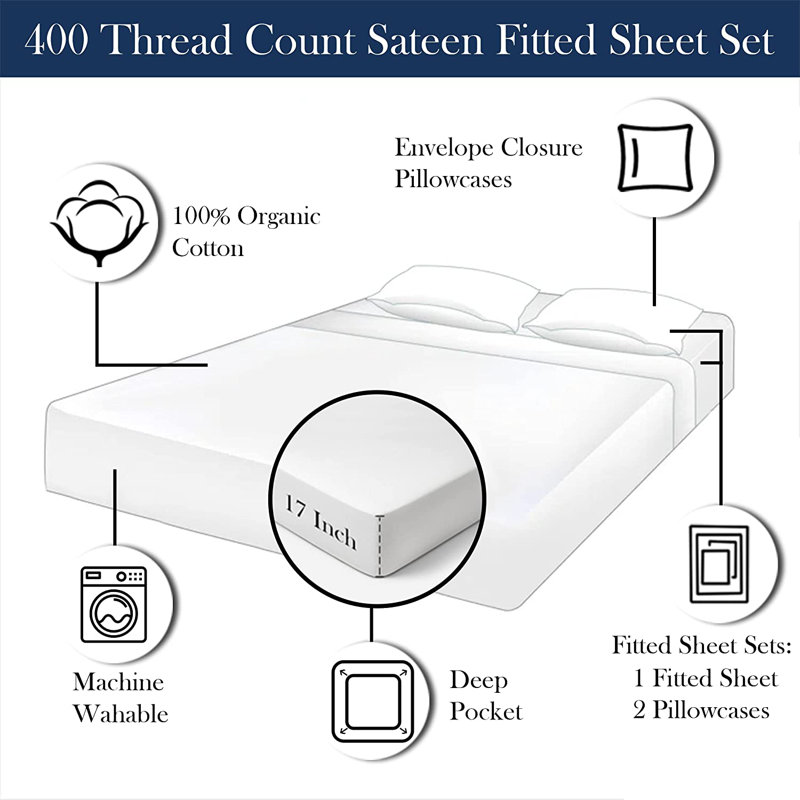 Delara GOTS Certified 100% Organic Cotton Sateen Fitted Sheet Set, 400TC Long Staple, Soft & Breathable with Deep Pocket