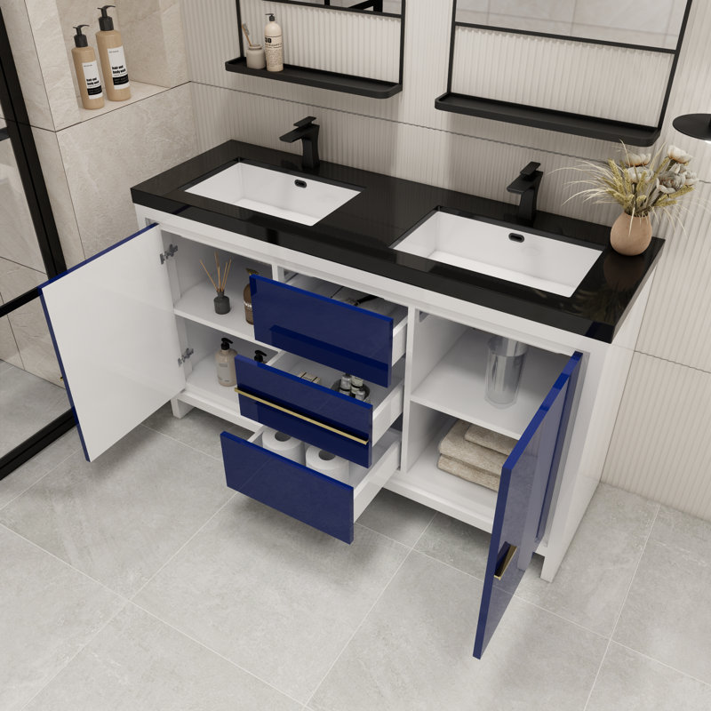 Ensemble de meuble-lavabo double 60 po Bayyinahi, Bleu nuit ultrabrillant
