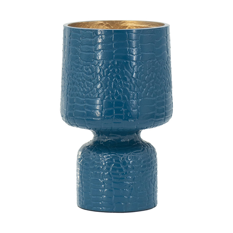 Dany Vase, Crocodile Texture, Watertight Base, 8 Inch Blue Aluminum