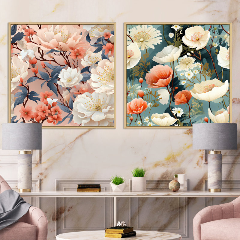 Herblay - Ensemble de 2 collages carrés floraux, H 16 po x l 33 po, Cadre flottant brun