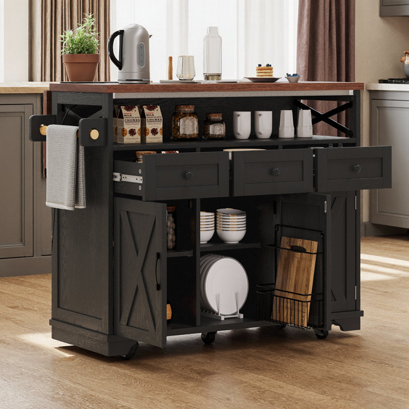33-Strand Beaded Drape, Drop-Leaf Breakfast Bar, Built-In 2AC+USB+Type-C Power, 3 Drawers & 3 Cabinets w/ Adjustable Shelves, 5 Lockable Wheels, 400 lb Top