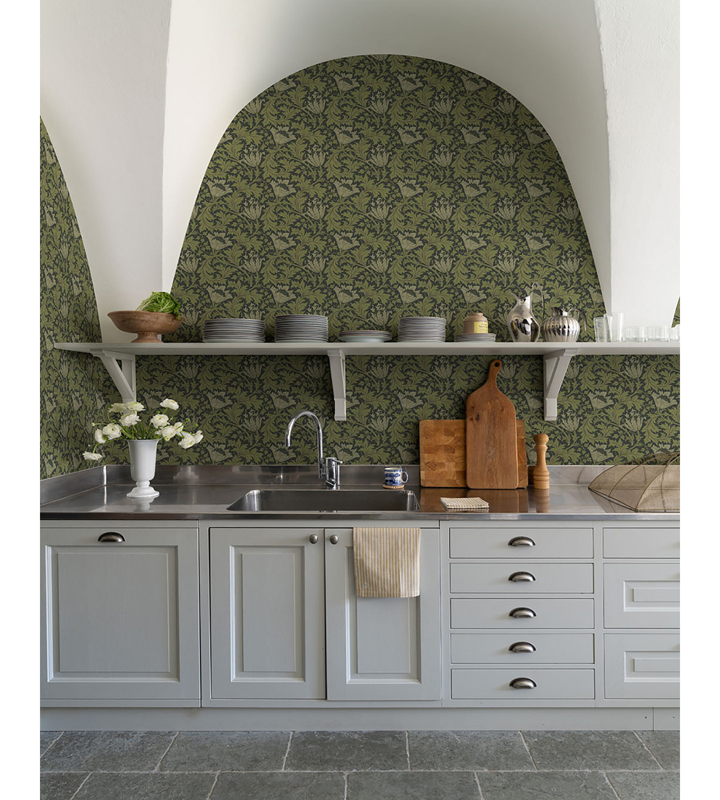 Anemone Floral Wallpaper, Dark Green