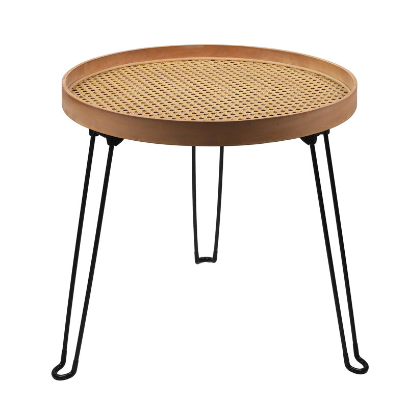 Round Wood And Rattan Side Table, Foldable Table With Metal Tripod, Rattan Round Tray Top, Boho Style, Chic Coffee Table, Side Table (Height 17.7", Grid Knit Pattern)