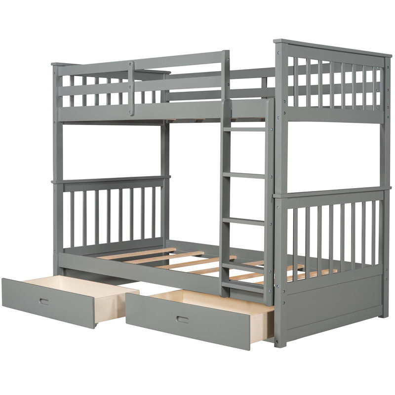 Lit superposé double avec échelle et deux tiroirs de rangement, Simple sur simple, Gris