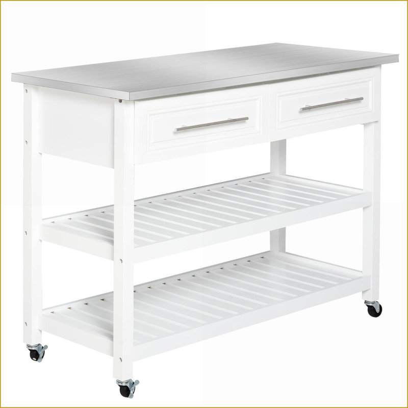 Îlot de cuisine avec plateau en acier inoxydable, tablettes de rangement et amp; Tiroirs, gris | Pin blanc | Bois d'ingénierie