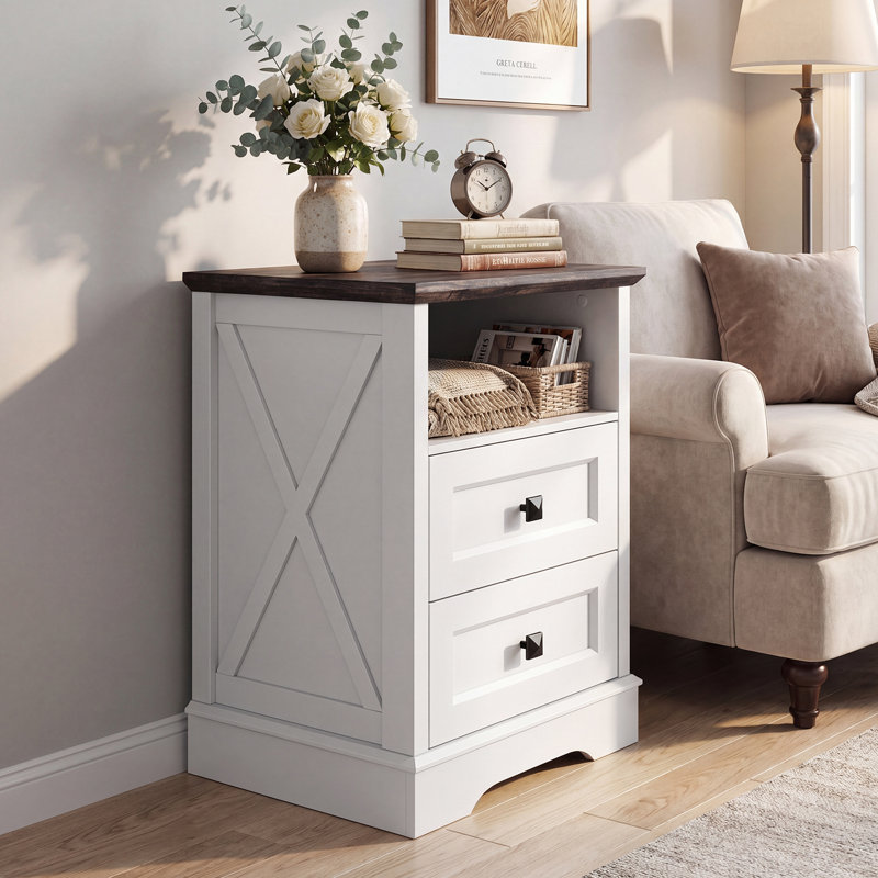 Grande table de chevet 25,6 po avec station de charge, commode de table de bout en bois avec 2 tiroirs, prises intégrées