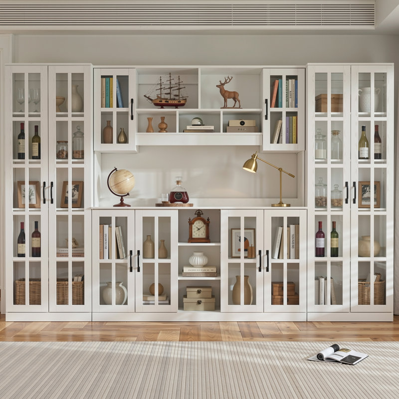  71"H X 106"W Library Bookcase With Slow Close Glass Doors,Adjustable Shelves,Modular Book Cabinet, White