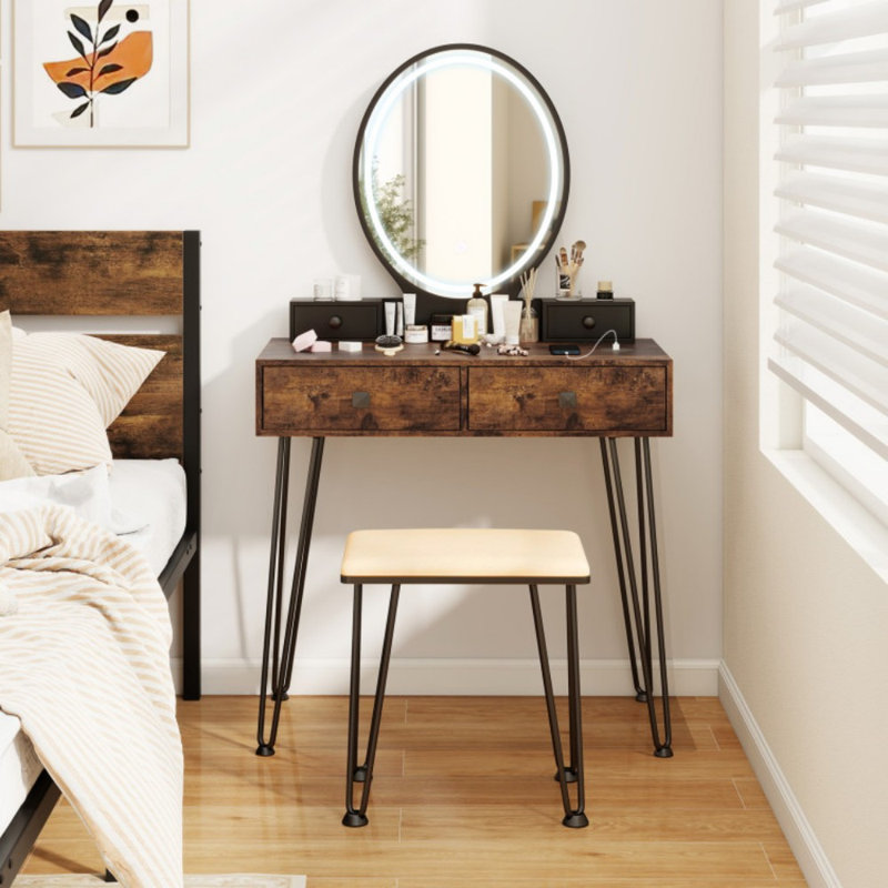 Vanity Desk with Mirror and Lights for Bedroom, Black/Brown