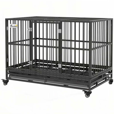 PawHut 48" Heavy Duty Dog Crate Metal Cage Kennel with Lockable Wheels, Double Door and Removable Tray, Gray