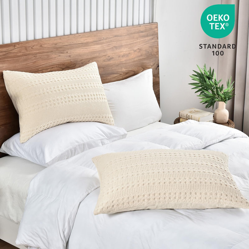 PHF 100% Cotton Ruffle Waffle Pillow Shams, 2 Pack Soft Skin-Friendly Bed Pillow Covers for Aesthetic Home Decor, Natural