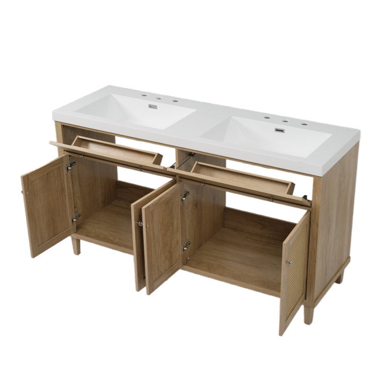 Meuble-lavabo 60 po avec double lavabo et pieds en bois massif