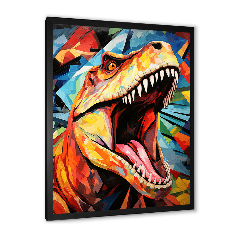 Cubiste coloré, TRex Dino II, art sur toile dinosaure, H 40 po x l 30 po x P 1,5 po, Cadre simple noir